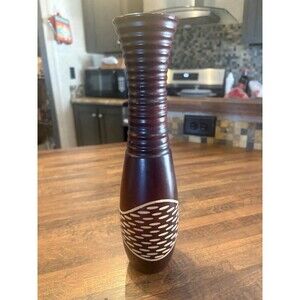 Mango Wood Decorative Bud Vase Brown Beige Abstract Pattern 12 in Bottle